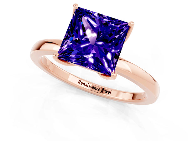 Rose gold Princess Cut Tanzanite Solitaire Ring with Thin Band and Prong Setting