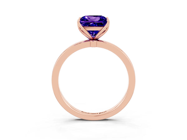 Rose gold Princess Cut Tanzanite Solitaire Ring with Thin Band and Prong Setting