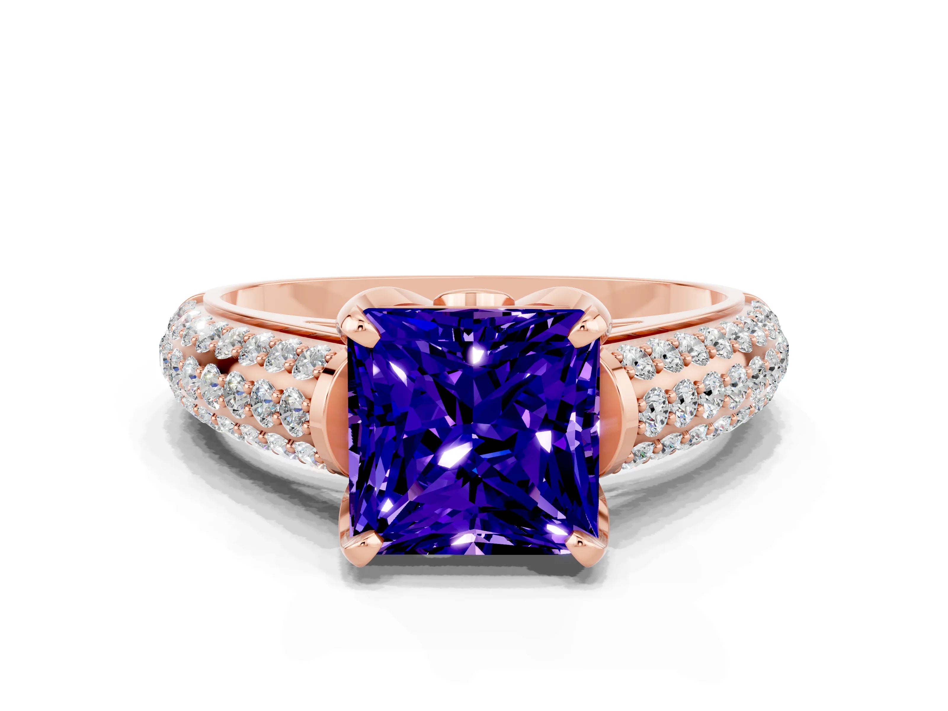 Rose gold Princess Cut Tanzanite Solitaire Ring with Three-Row Pavé Band and Four-Prong Setting_12