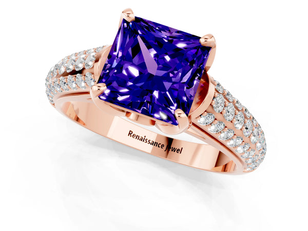 Rose gold Princess Cut Tanzanite Solitaire Ring with Three-Row Pavé Band and Four-Prong Setting