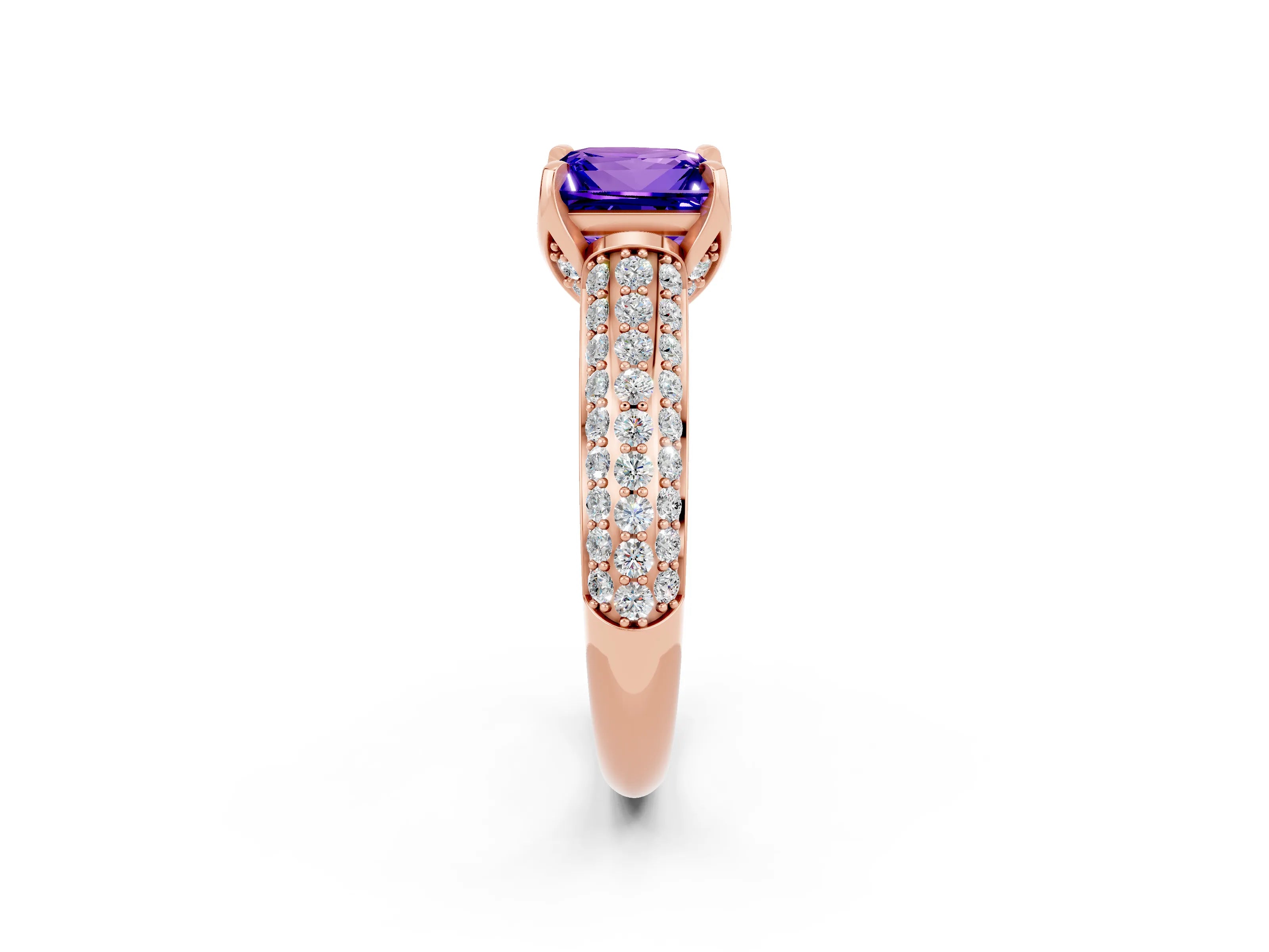 Rose gold Princess Cut Tanzanite Solitaire Ring with Three-Row Pavé Band and Four-Prong Setting_14