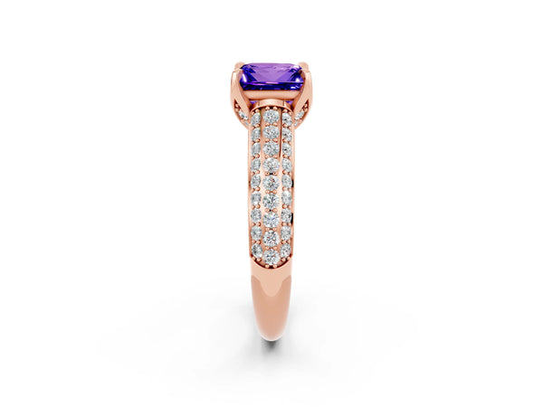 Rose gold Princess Cut Tanzanite Solitaire Ring with Three-Row Pavé Band and Four-Prong Setting