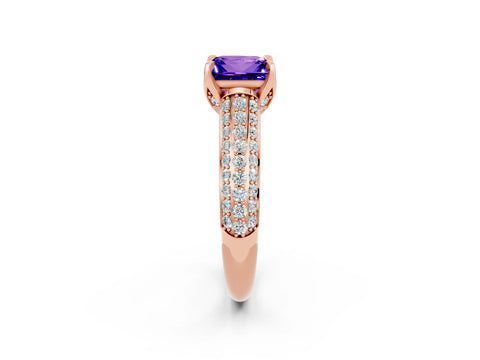 Rose gold Princess Cut Tanzanite Solitaire Ring with Three-Row Pavé Band and Four-Prong Setting_14