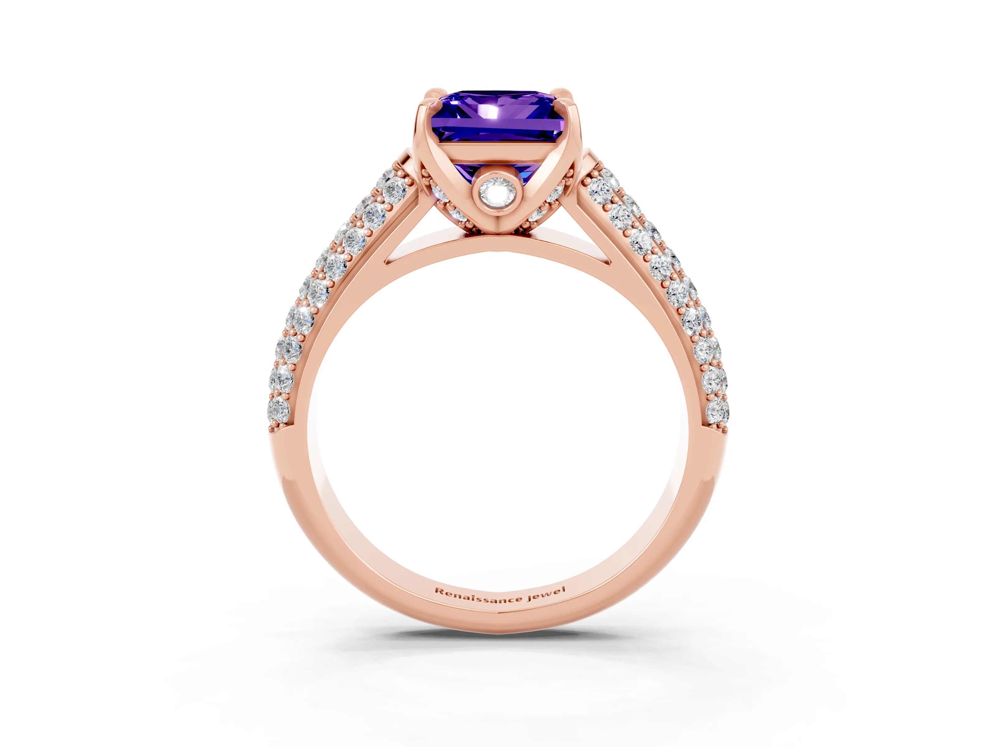 Rose gold Princess Cut Tanzanite Solitaire Ring with Three-Row Pavé Band and Four-Prong Setting_15