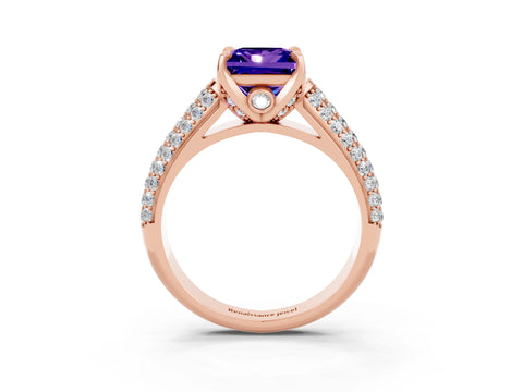 Rose gold Princess Cut Tanzanite Solitaire Ring with Three-Row Pavé Band and Four-Prong Setting_15