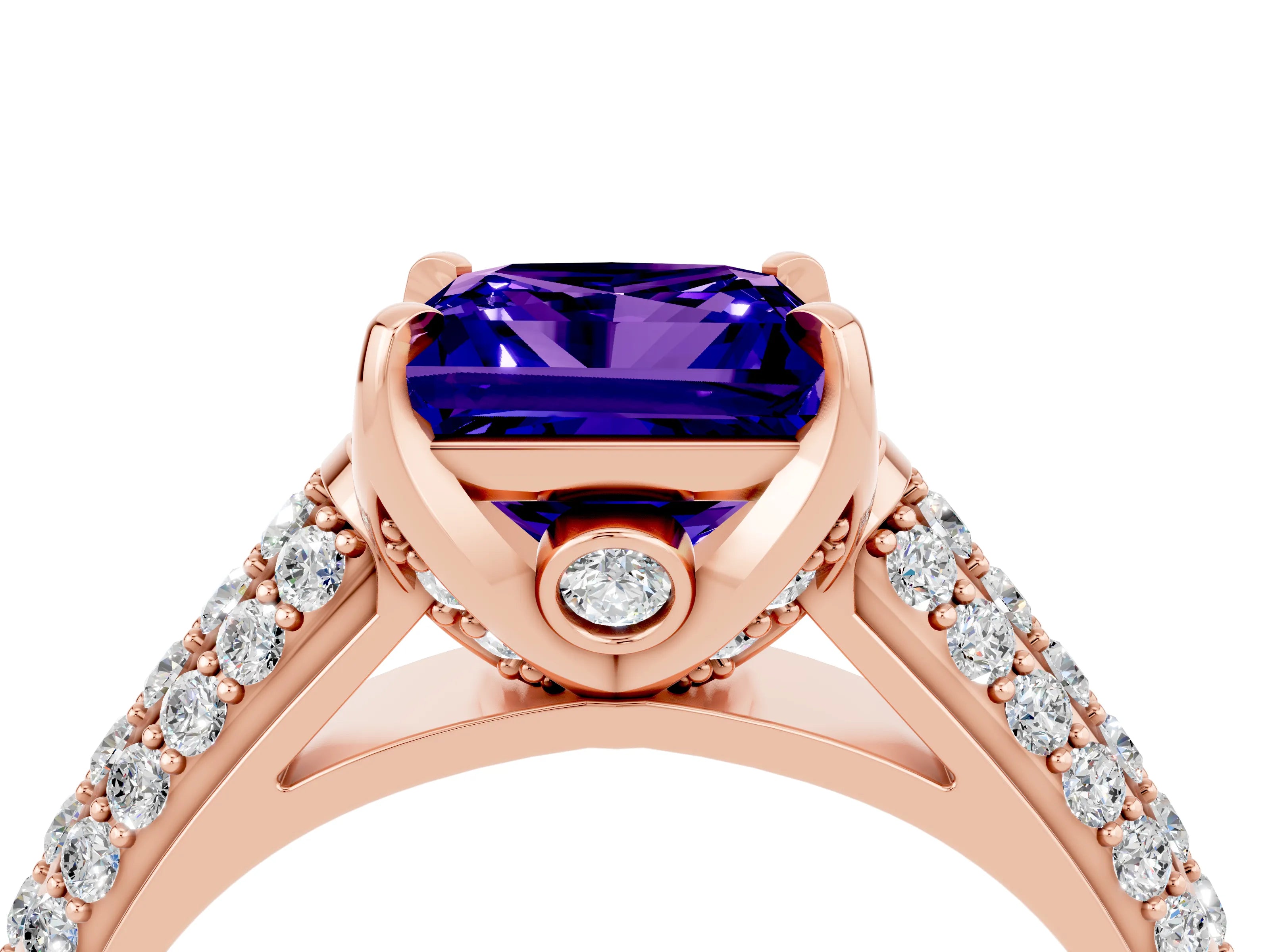 Rose gold Princess Cut Tanzanite Solitaire Ring with Three-Row Pavé Band and Four-Prong Setting_16