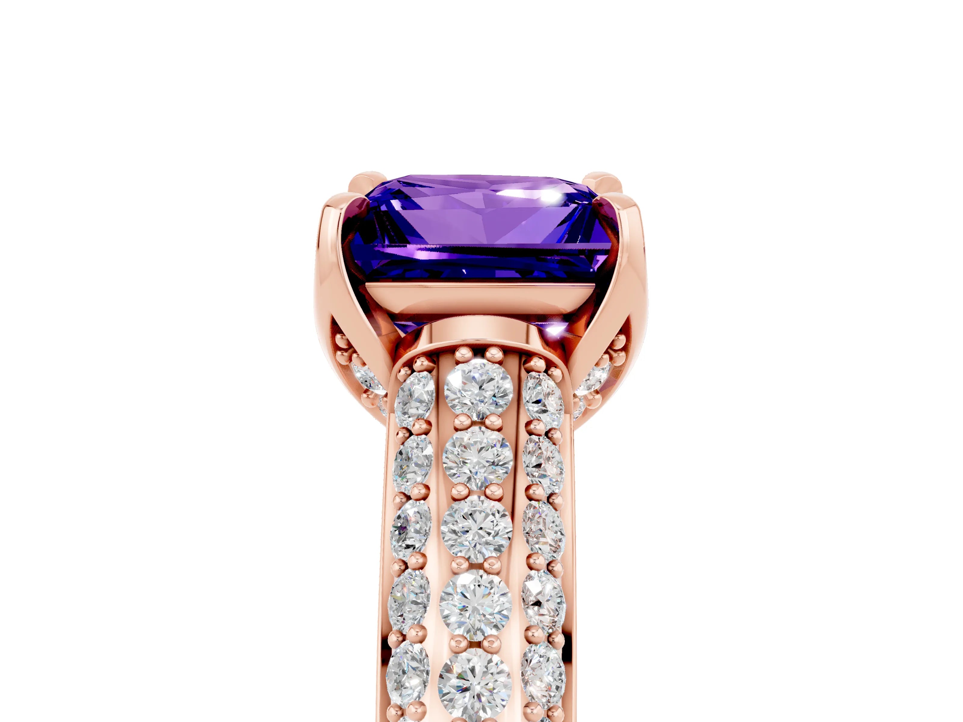 Rose gold Princess Cut Tanzanite Solitaire Ring with Three-Row Pavé Band and Four-Prong Setting_17