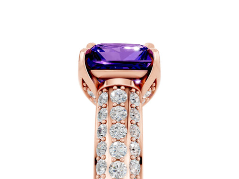 Rose gold Princess Cut Tanzanite Solitaire Ring with Three-Row Pavé Band and Four-Prong Setting_17