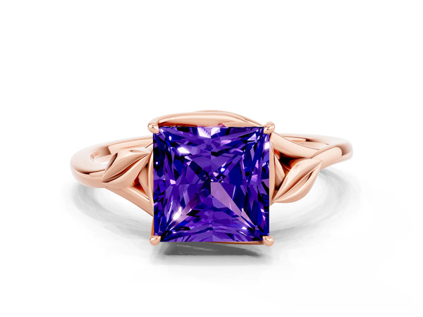 Rose gold Princess Cut Tanzanite Solitaire Ring with Twist Band and Four-Prong Setting