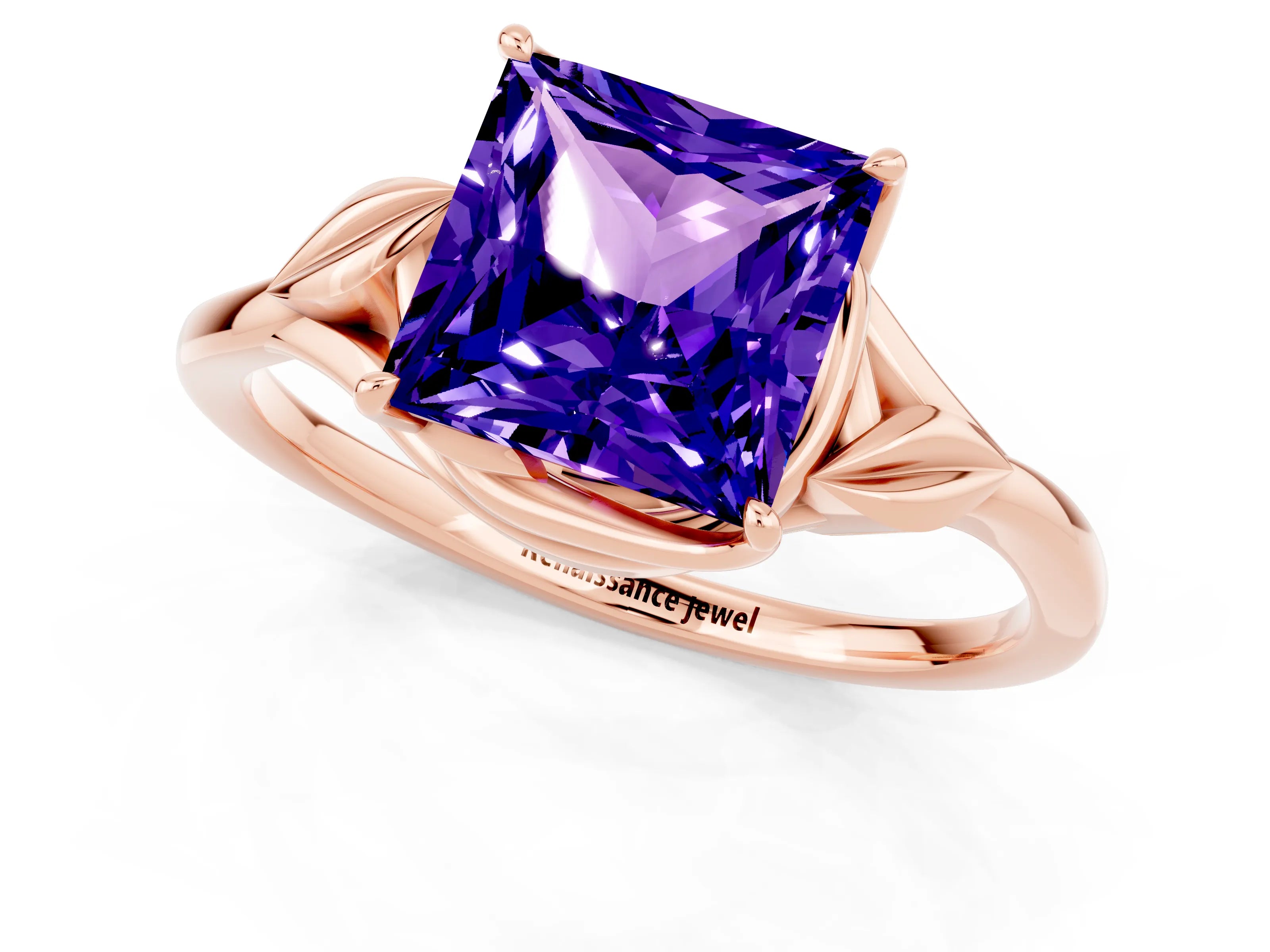 Rose gold Princess Cut Tanzanite Solitaire Ring with Twist Band and Four-Prong Setting_25
