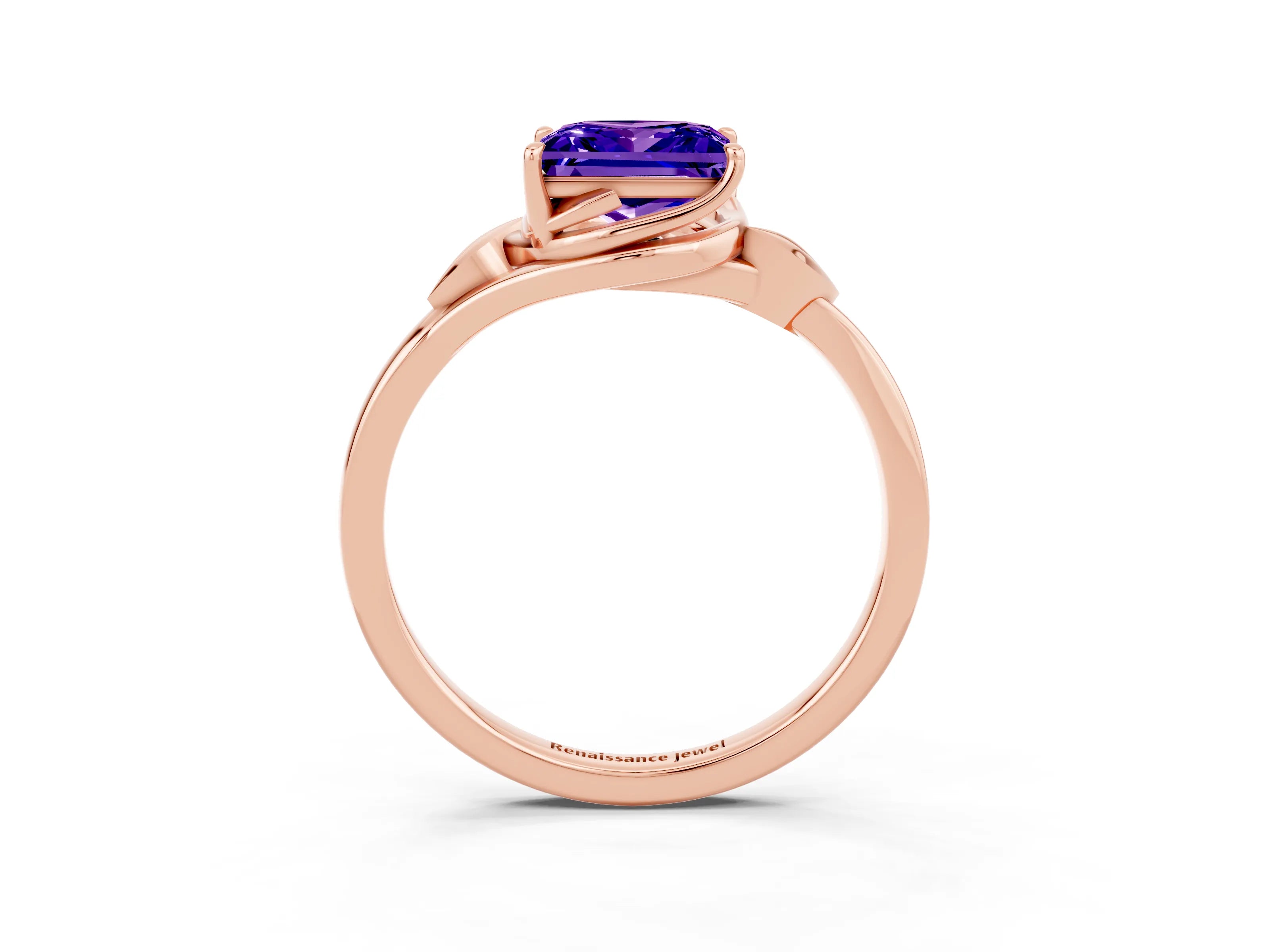 Rose gold Princess Cut Tanzanite Solitaire Ring with Twist Band and Four-Prong Setting_27