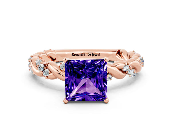 Rose gold Princess Cut Tanzanite Solitaire Ring with Twisted Band and Pavé Accents