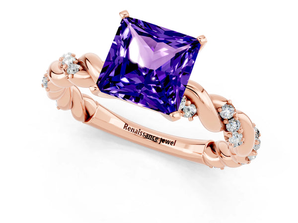 Rose gold Princess Cut Tanzanite Solitaire Ring with Twisted Band and Pavé Accents