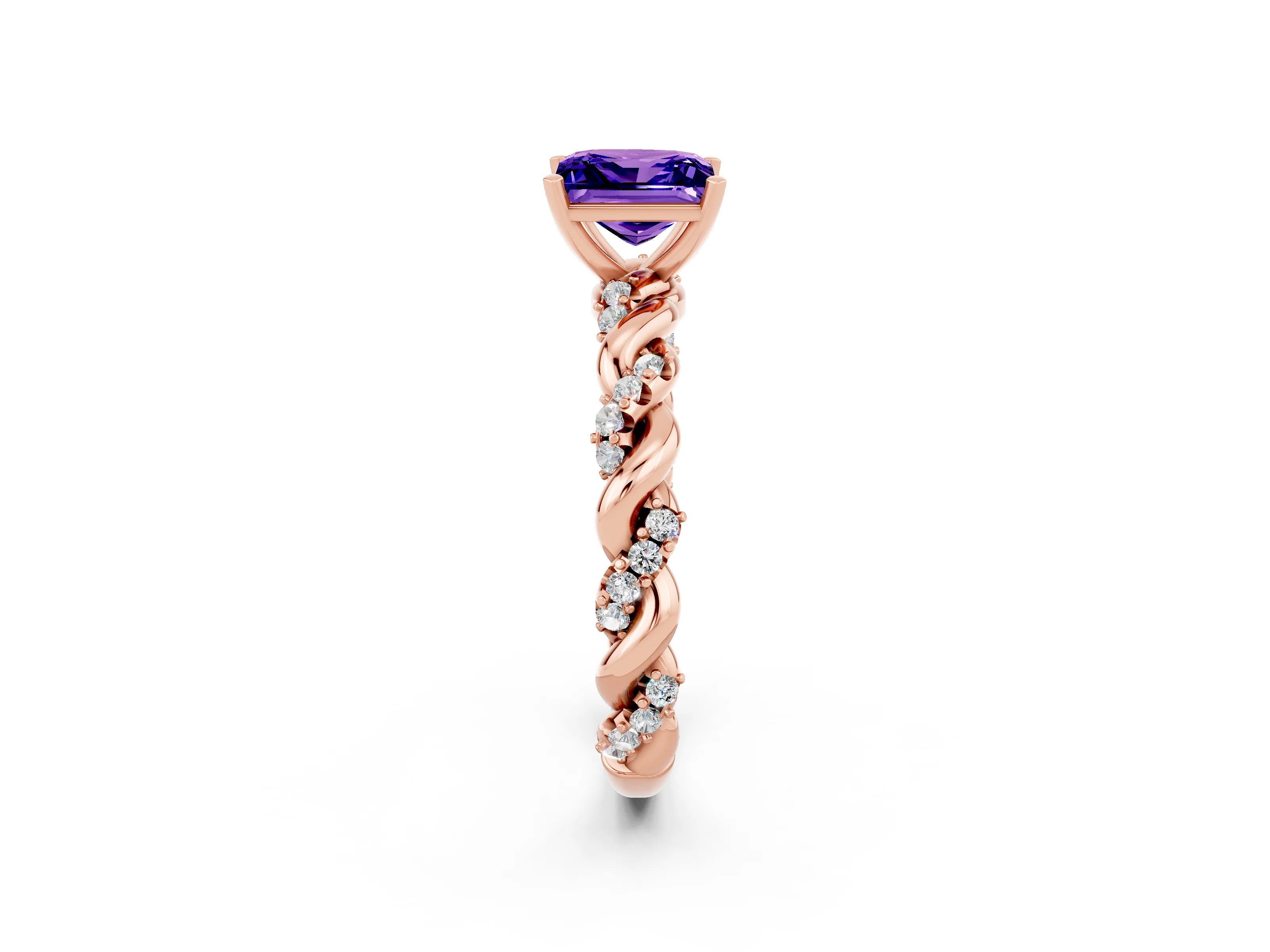Rose gold Princess Cut Tanzanite Solitaire Ring with Twisted Band and Pavé Accents_2
