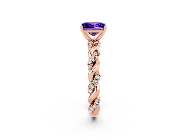 Rose gold Princess Cut Tanzanite Solitaire Ring with Twisted Band and Pavé Accents