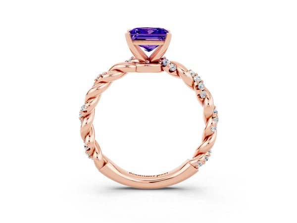 Rose gold Princess Cut Tanzanite Solitaire Ring with Twisted Band and Pavé Accents
