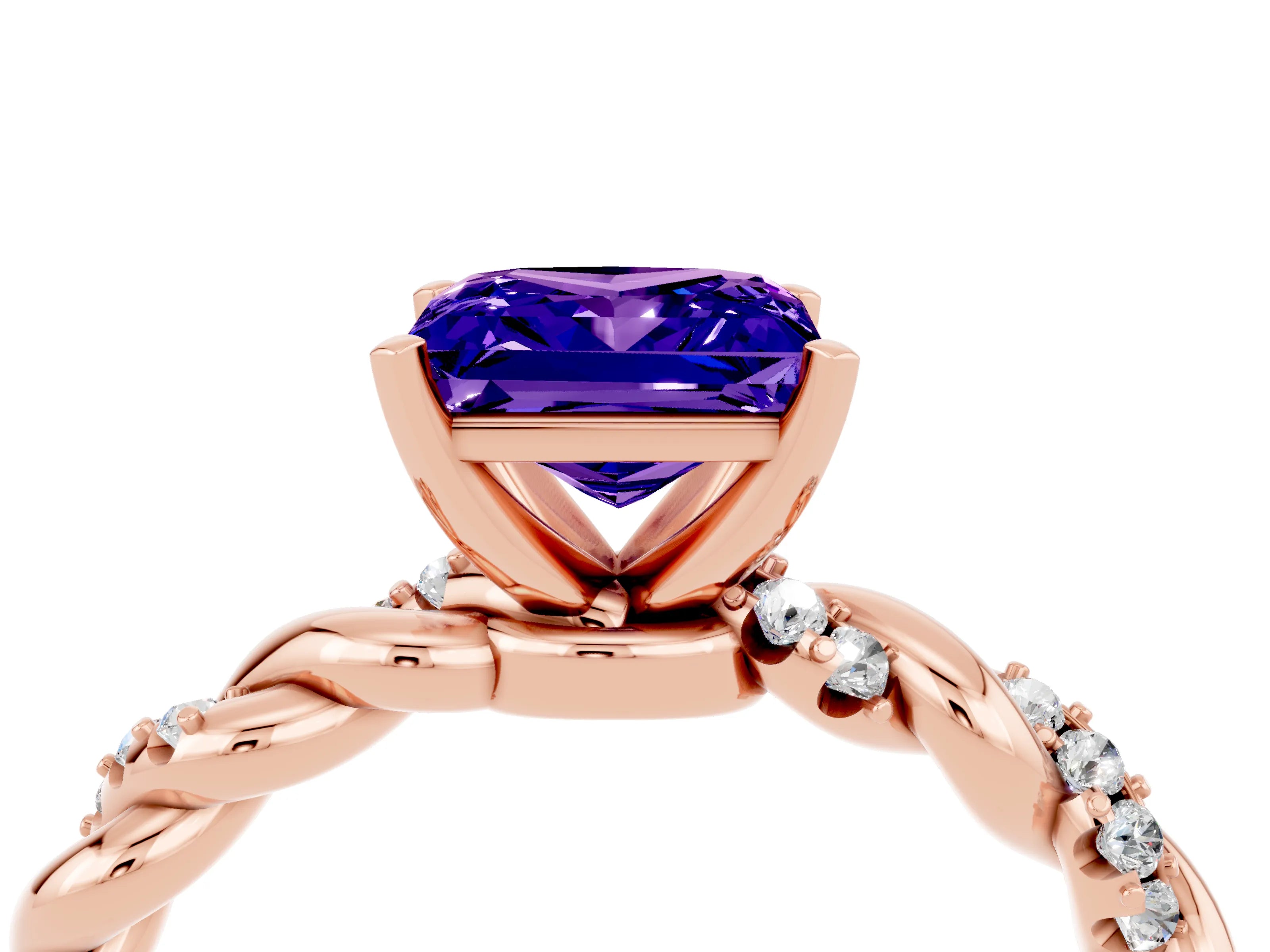 Rose gold Princess Cut Tanzanite Solitaire Ring with Twisted Band and Pavé Accents_4