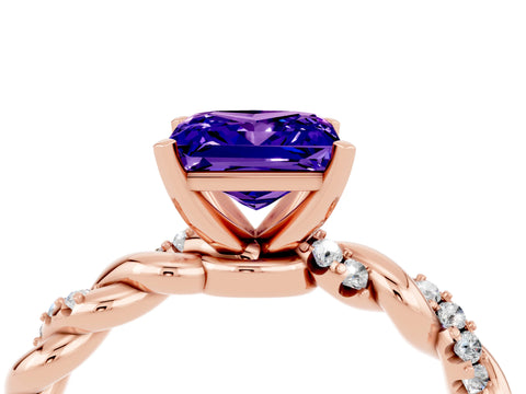 Rose gold Princess Cut Tanzanite Solitaire Ring with Twisted Band and Pavé Accents_4