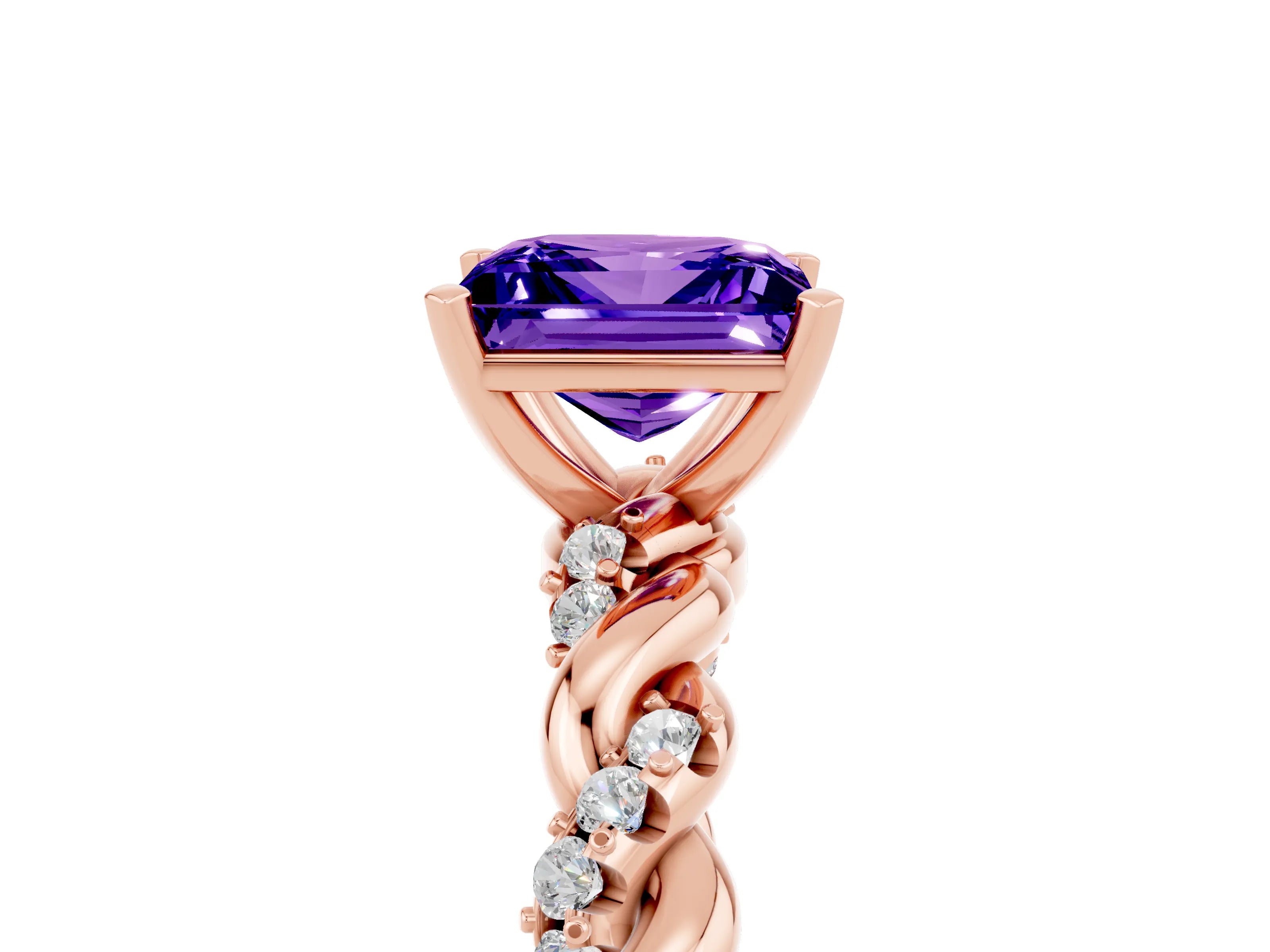 Rose gold Princess Cut Tanzanite Solitaire Ring with Twisted Band and Pavé Accents_5