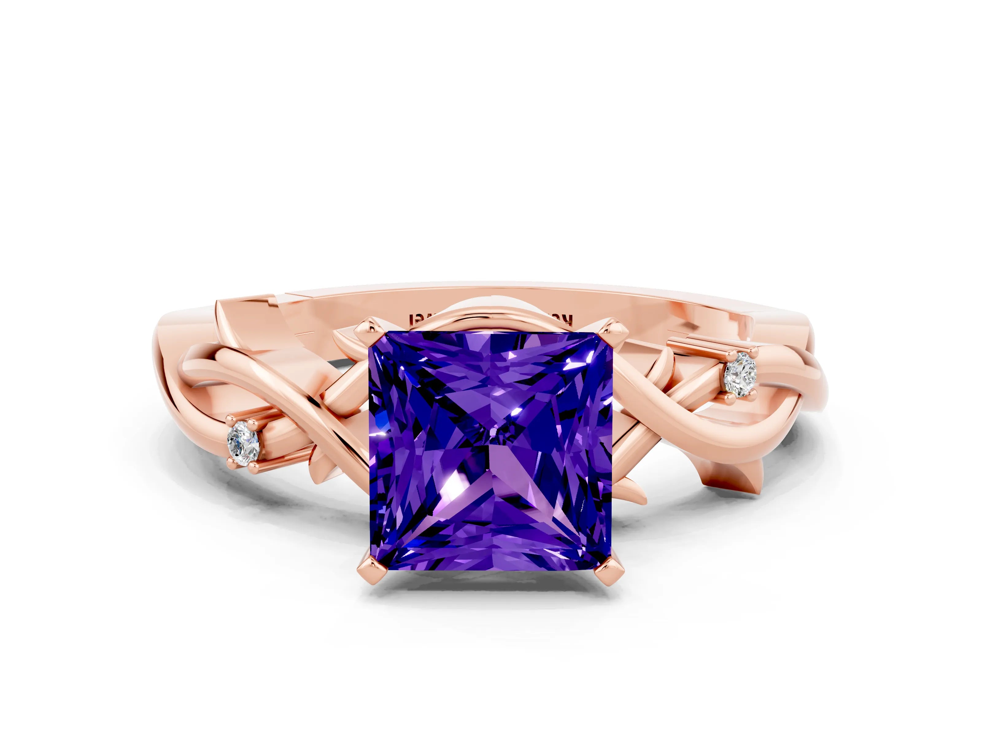 Rose gold Princess Cut Tanzanite Solitaire Ring with Twisted Band and Prong Setting