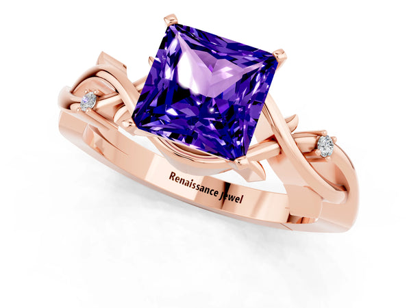 Rose gold Princess Cut Tanzanite Solitaire Ring with Twisted Band and Prong Setting