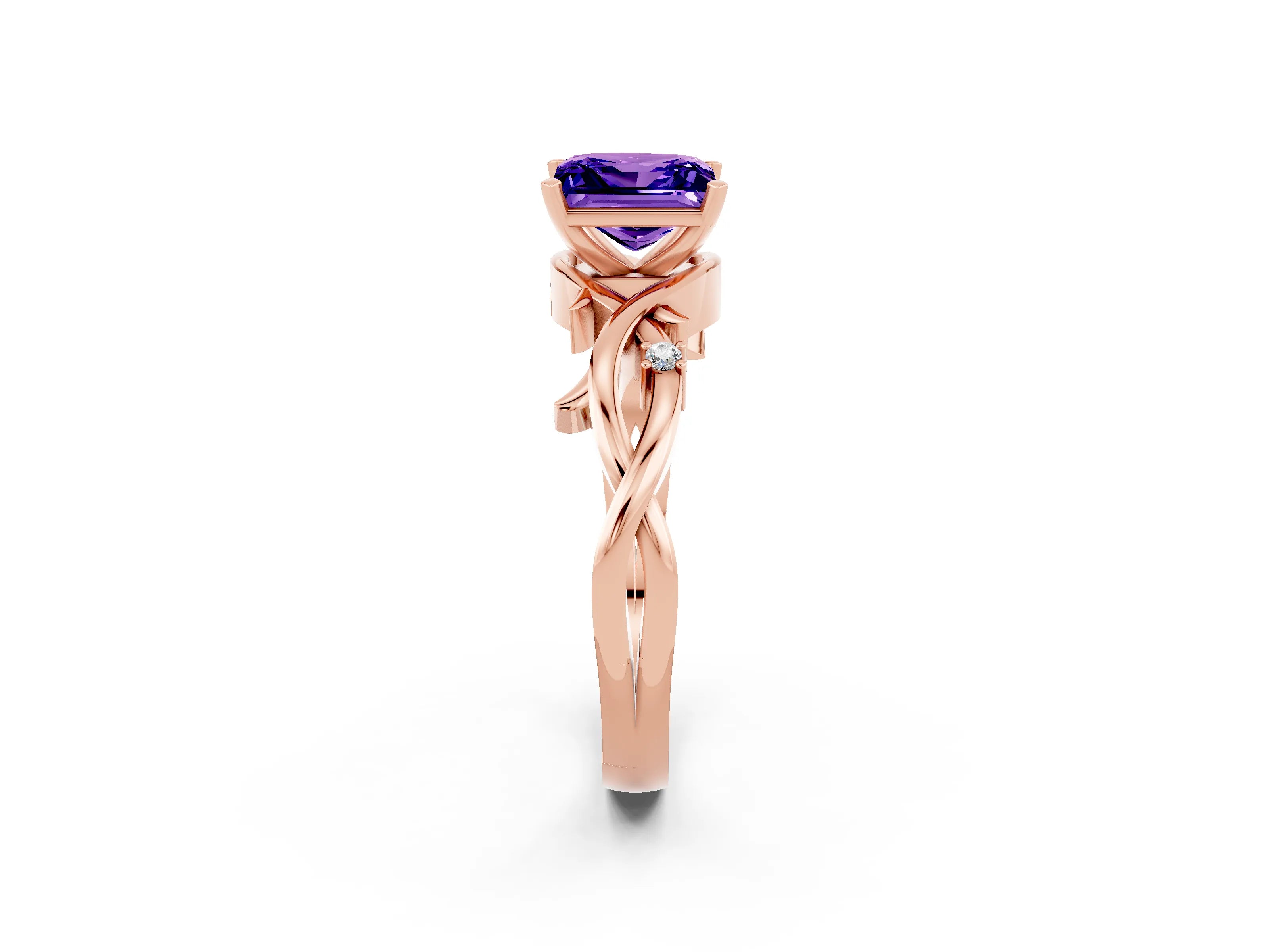 Rose gold Princess Cut Tanzanite Solitaire Ring with Twisted Band and Prong Setting_2