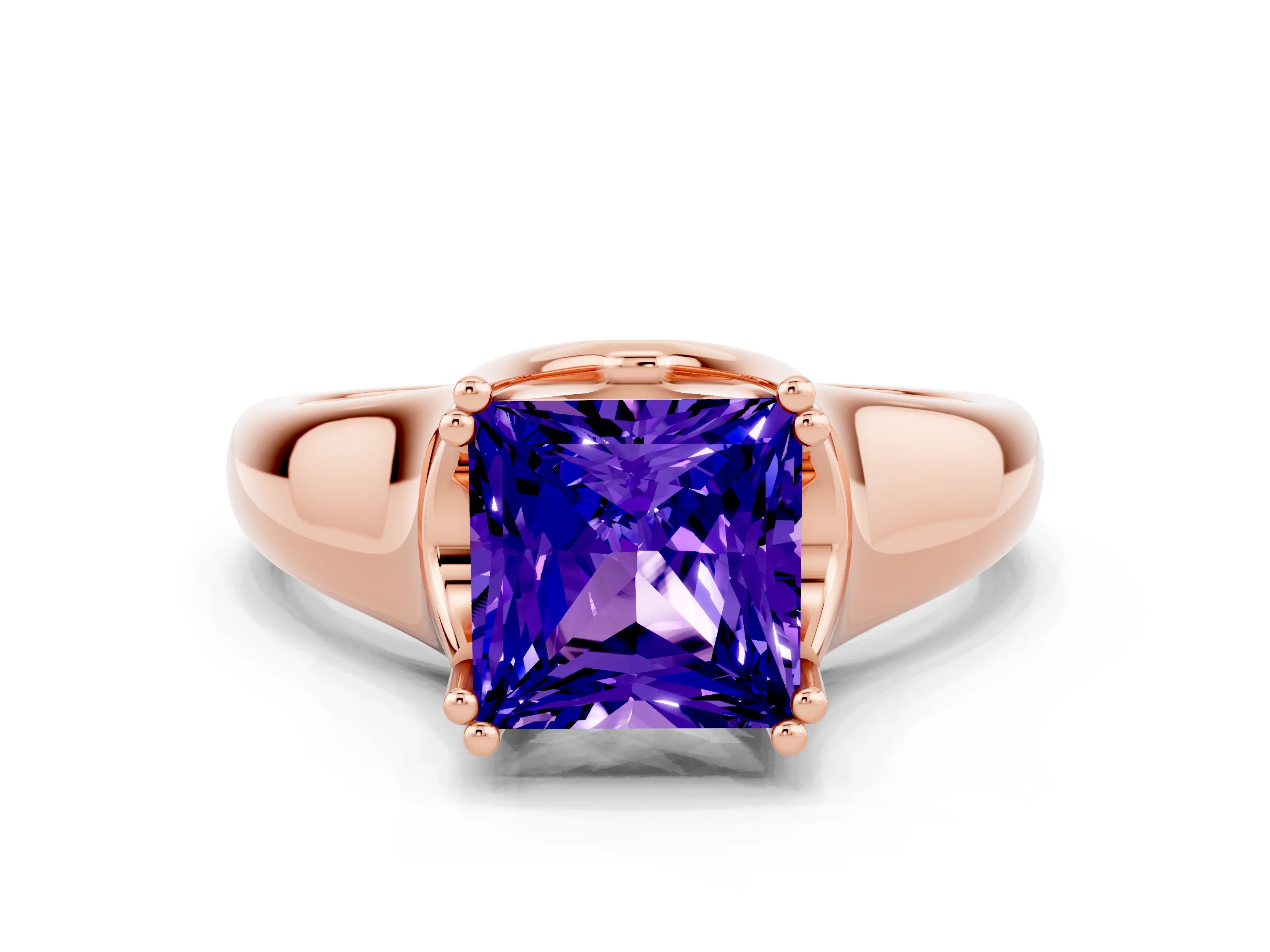 Rose gold Princess Cut Tanzanite Solitaire Ring with Wide Band and Prong Setting