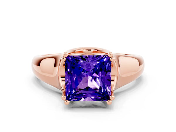 Rose gold Princess Cut Tanzanite Solitaire Ring with Wide Band and Prong Setting