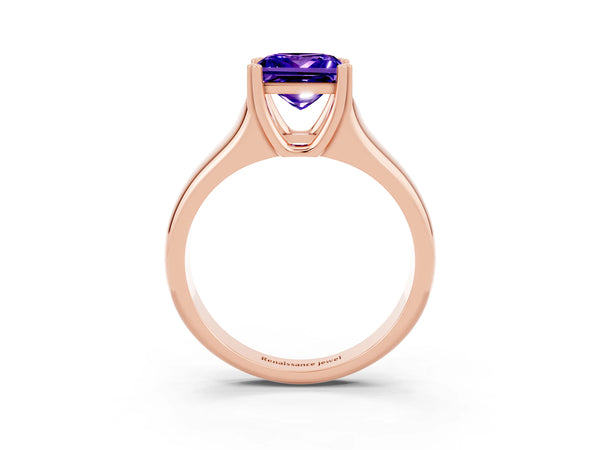 Rose gold Princess Cut Tanzanite Solitaire Ring with Wide Band and Prong Setting