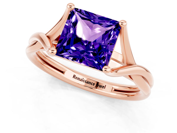 Rose gold Princess Cut Tanzanite Solitaire Twist Band Prong Setting Ring