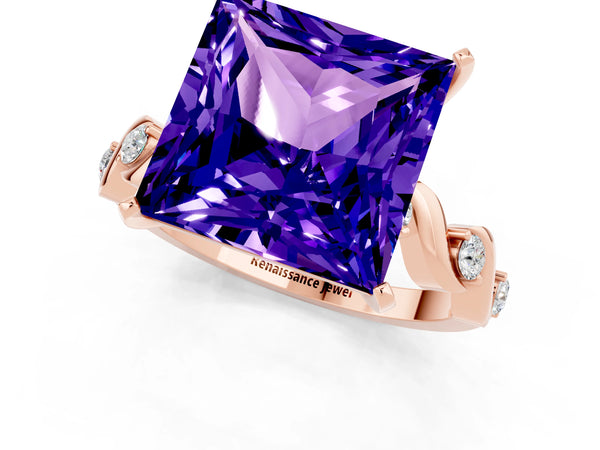 Rose gold Princess Cut Tanzanite Solitaire Twisted Band with Round  Accents and Prong Setting