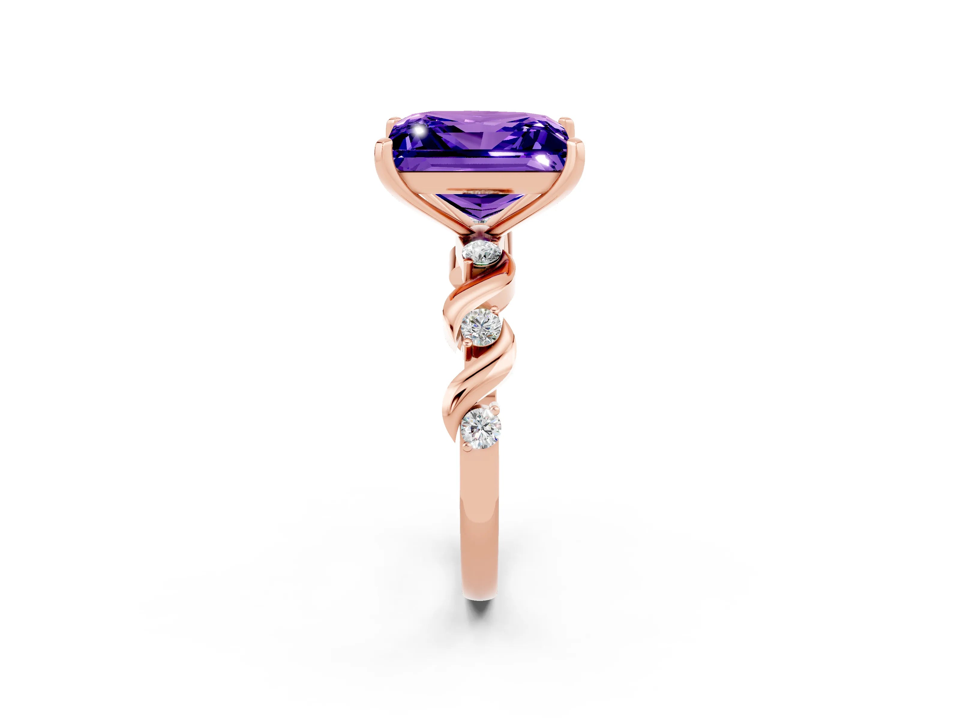 Rose gold Princess Cut Tanzanite Solitaire Twisted Band with Round  Accents and Prong Setting_14