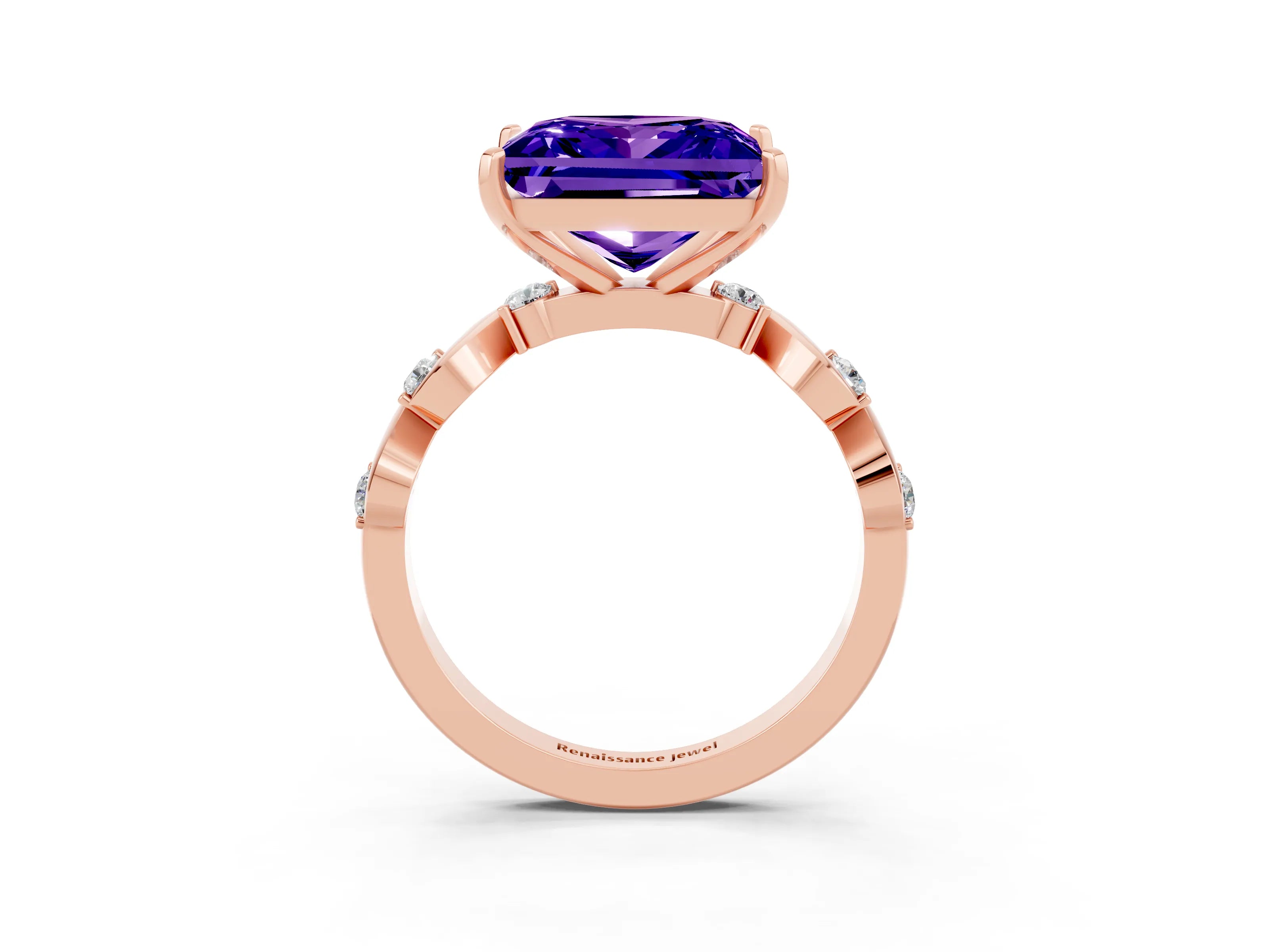Rose gold Princess Cut Tanzanite Solitaire Twisted Band with Round  Accents and Prong Setting_15