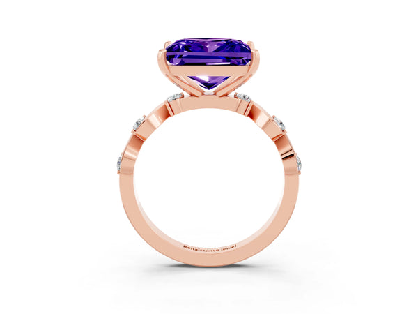 Rose gold Princess Cut Tanzanite Solitaire Twisted Band with Round  Accents and Prong Setting