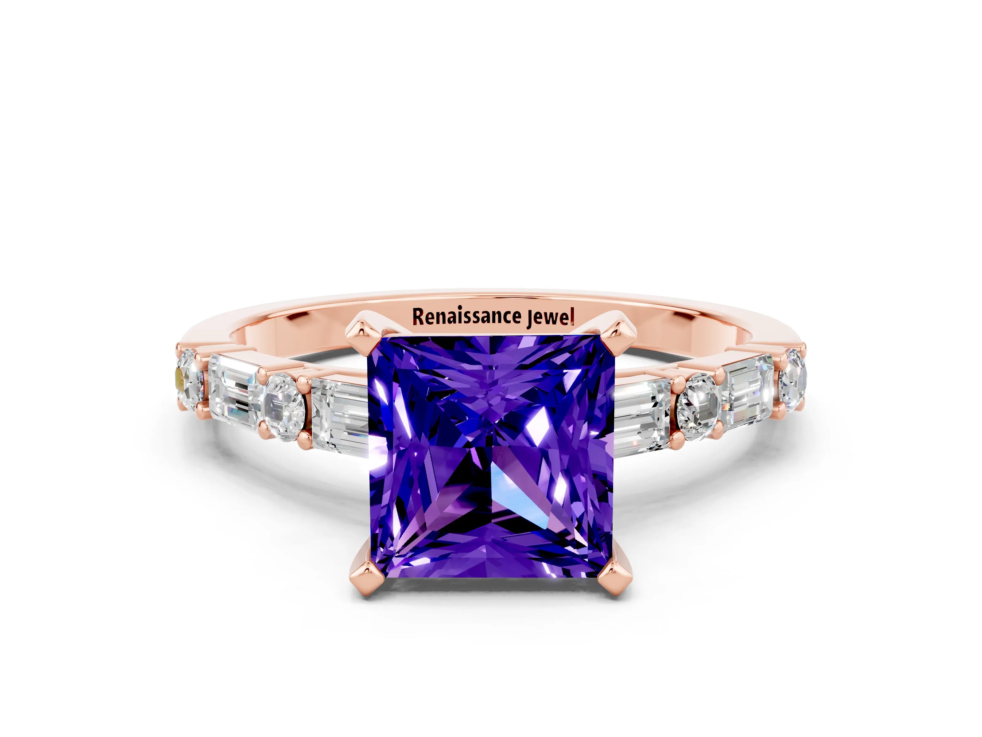Rose gold Princess Cut Tanzanite Solitaire with Side Baguettes and Channel Set Band