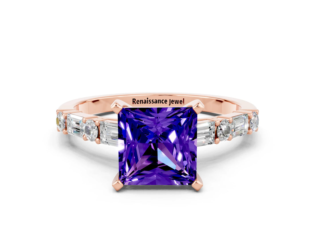 Rose gold Princess Cut Tanzanite Solitaire with Side Baguettes and Channel Set Band