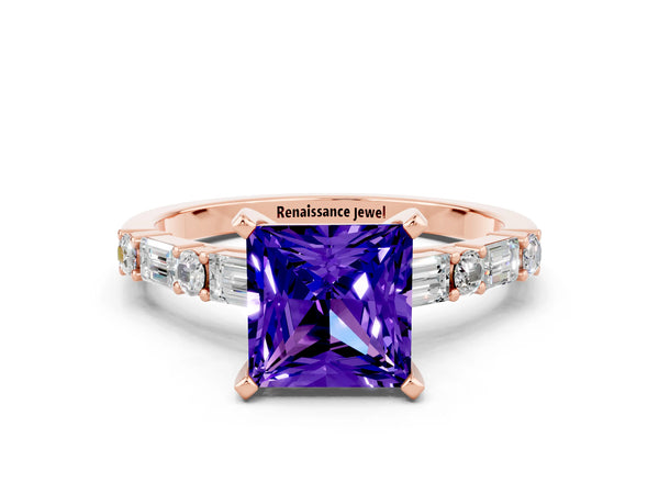 Rose gold Princess Cut Tanzanite Solitaire with Side Baguettes and Channel Set Band
