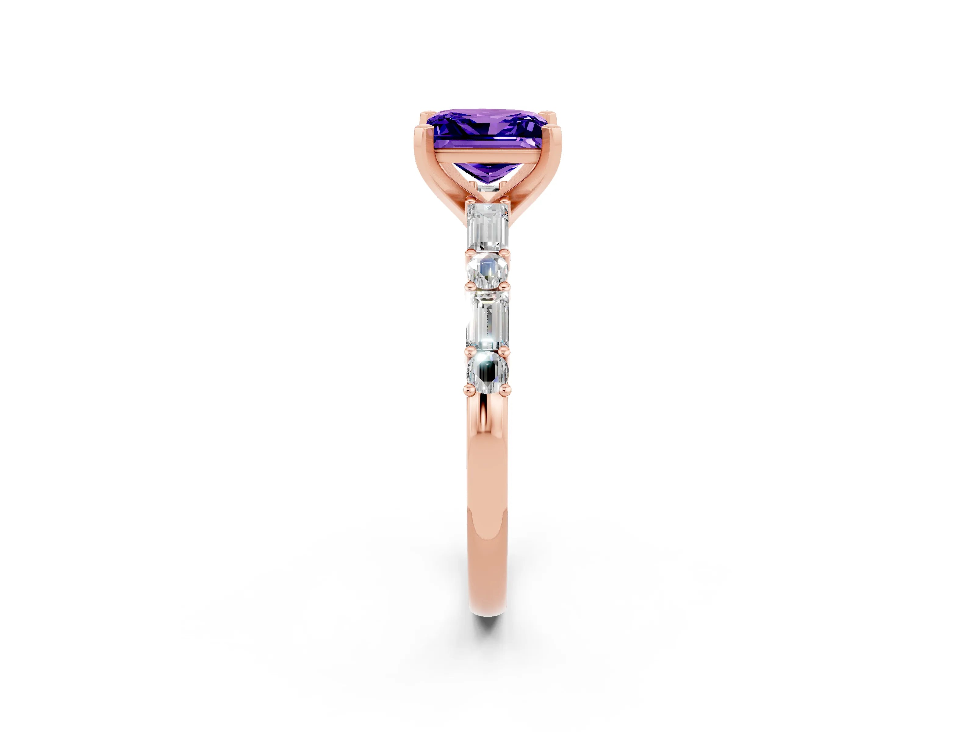 Rose gold Princess Cut Tanzanite Solitaire with Side Baguettes and Channel Set Band_2