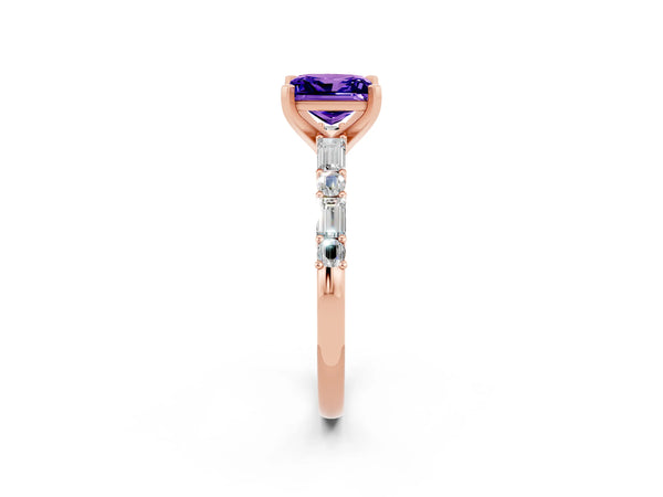 Rose gold Princess Cut Tanzanite Solitaire with Side Baguettes and Channel Set Band