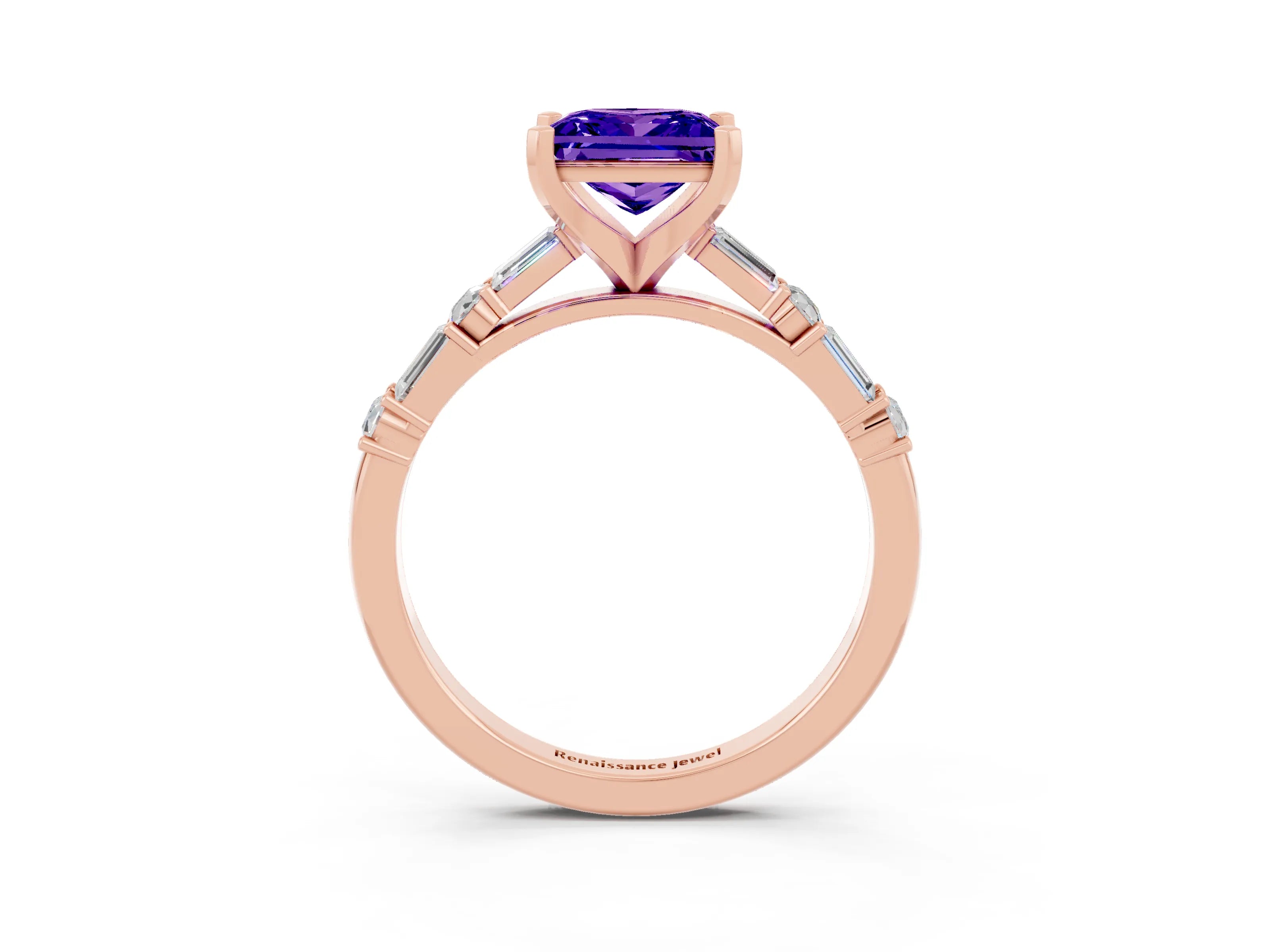 Rose gold Princess Cut Tanzanite Solitaire with Side Baguettes and Channel Set Band_3