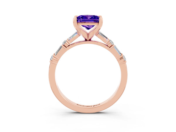 Rose gold Princess Cut Tanzanite Solitaire with Side Baguettes and Channel Set Band