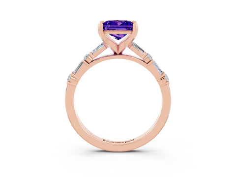 Rose gold Princess Cut Tanzanite Solitaire with Side Baguettes and Channel Set Band_3