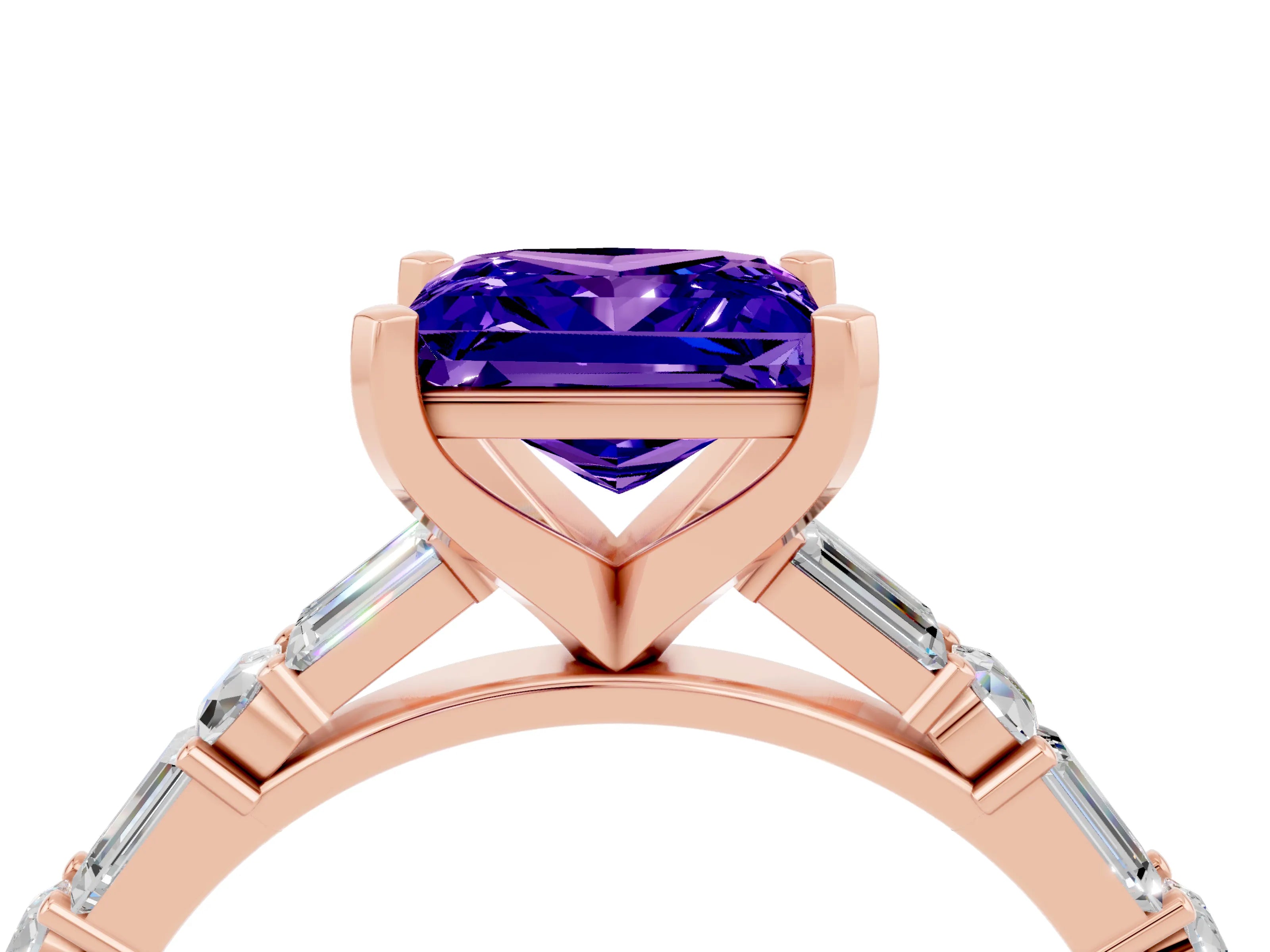 Rose gold Princess Cut Tanzanite Solitaire with Side Baguettes and Channel Set Band_4