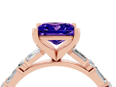 Rose gold Princess Cut Tanzanite Solitaire with Side Baguettes and Channel Set Band_4