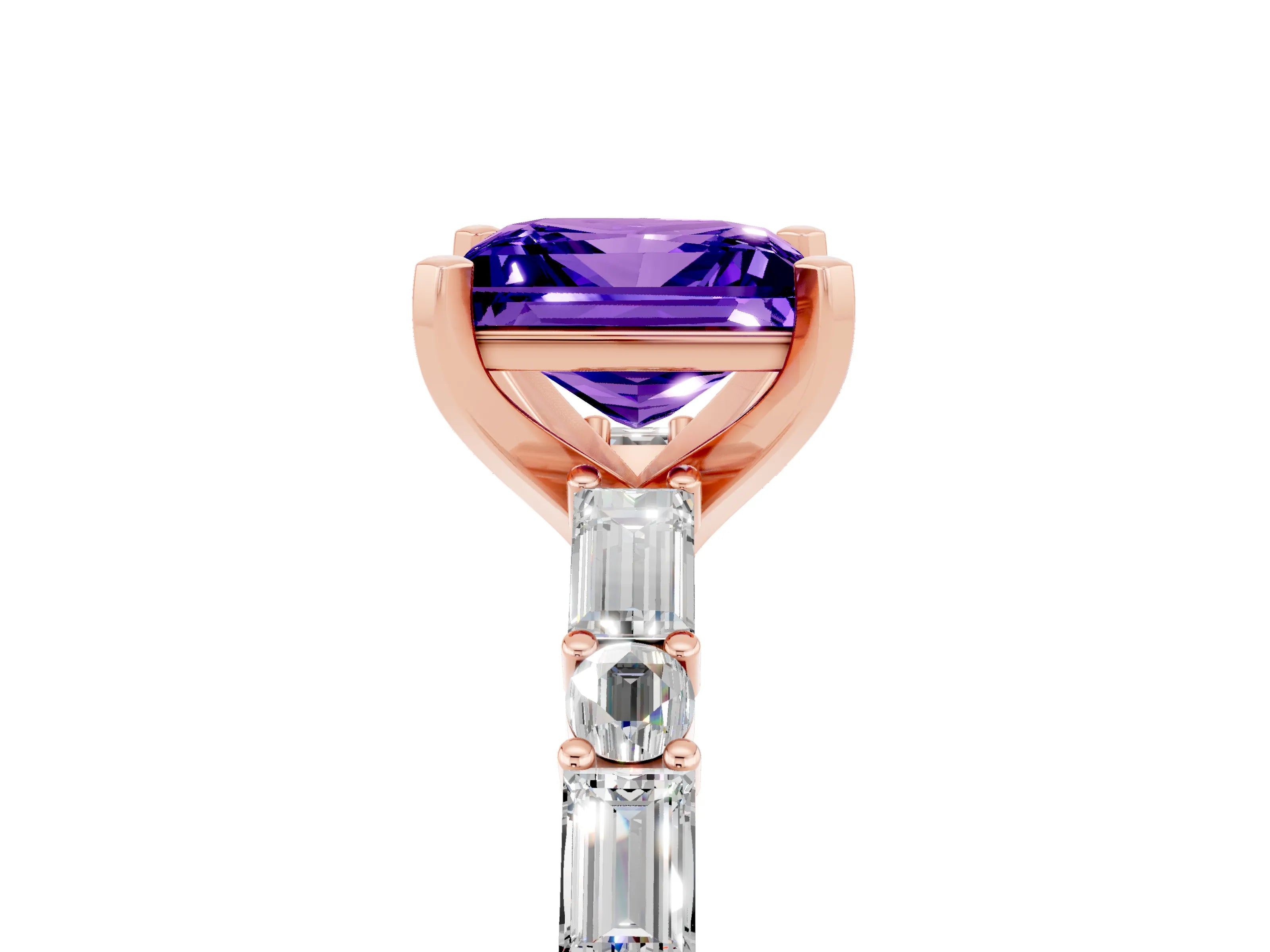 Rose gold Princess Cut Tanzanite Solitaire with Side Baguettes and Channel Set Band_5