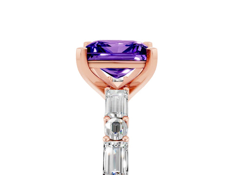 Rose gold Princess Cut Tanzanite Solitaire with Side Baguettes and Channel Set Band_5