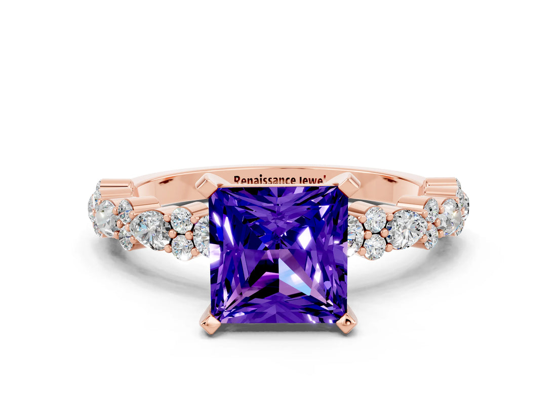 Rose gold Princess Cut Tanzanite Solitaire with Side Stones, Pave Band, Four-Prong Setting_36