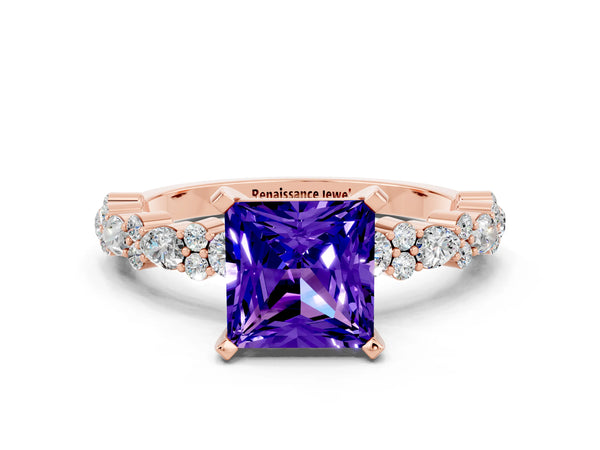 Rose gold Princess Cut Tanzanite Side Stone Solitaire Ring with Round  and Four-Prong Setting