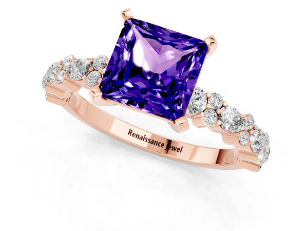Rose gold Princess Cut Tanzanite Side Stone Solitaire Ring with Round  and Four-Prong Setting