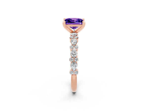 Rose gold Princess Cut Tanzanite Side Stone Solitaire Ring with Round  and Four-Prong Setting